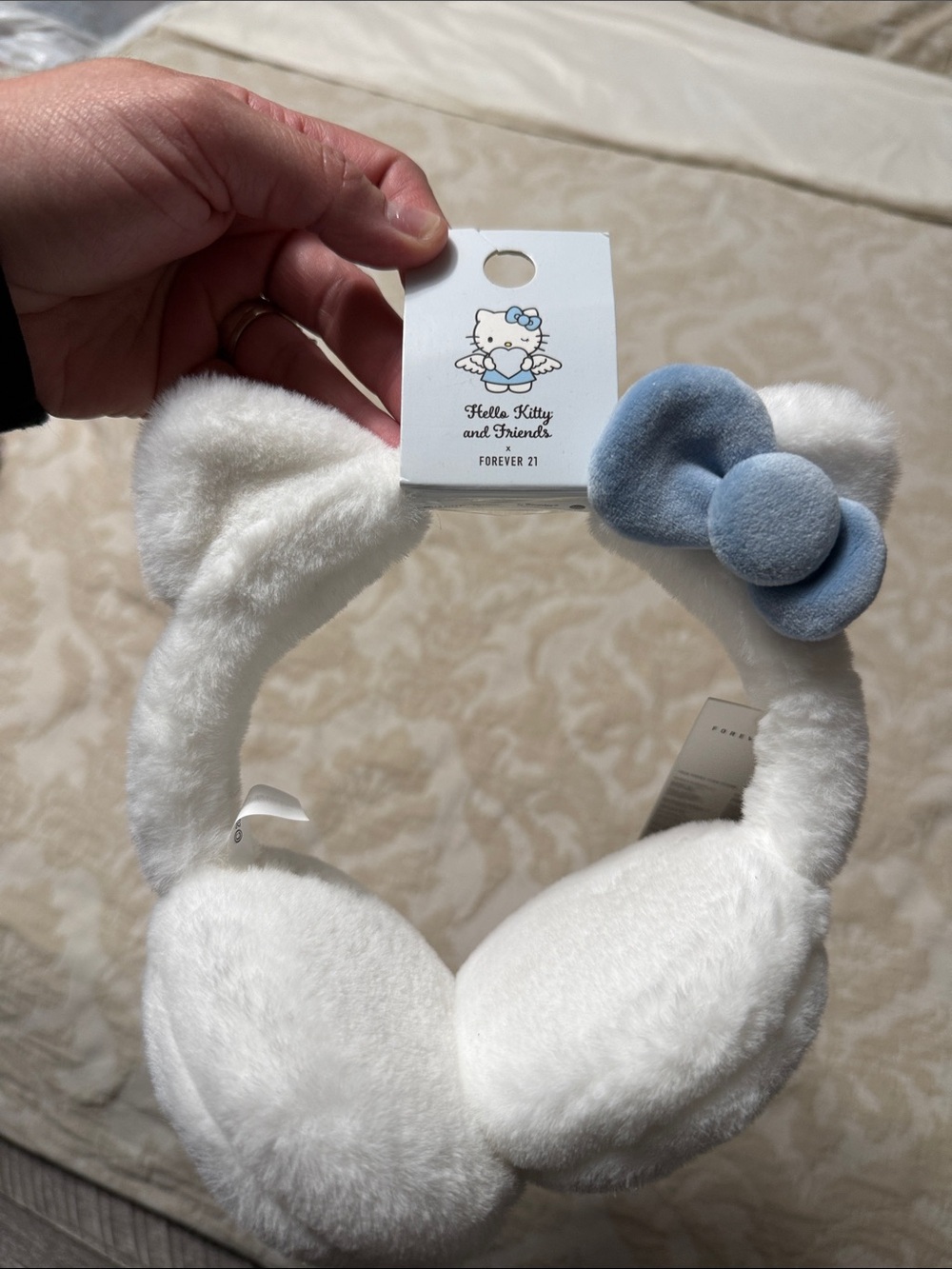 Hello Kitty White Faux-Fur Kids Earmuffs with Blue Bow